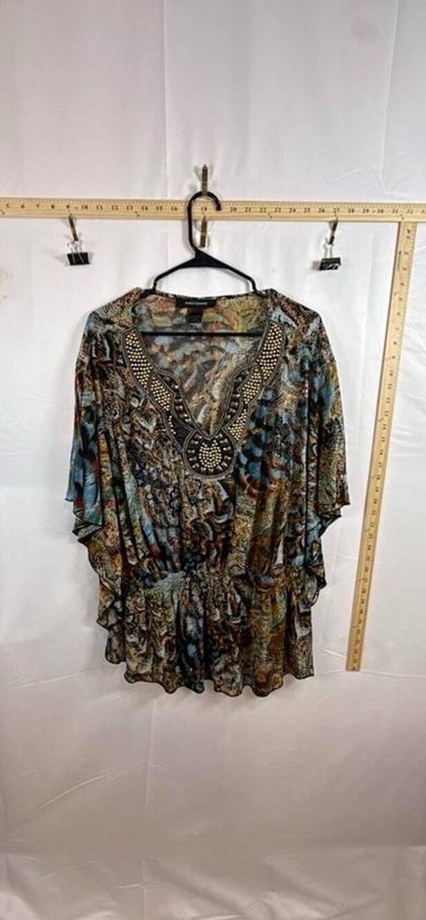 Ashley Stewart Plus 22/24 Abstract Print Studded Beaded V-Neck Kaftan Blouse Top